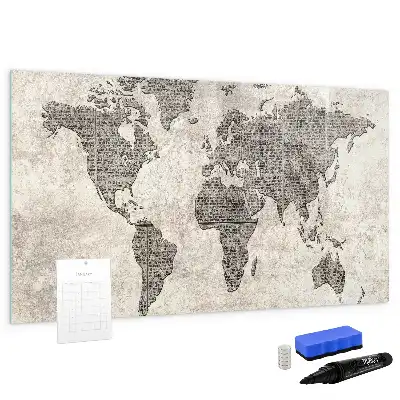 Magnetisch glazen memobord wereldkaart met krantenprint