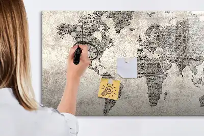 Magnetisch glazen memobord wereldkaart met krantenprint