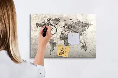 Magnetisch glazen memobord wereldkaart met krantenprint