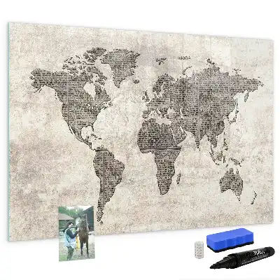 Magnetisch glazen memobord wereldkaart met krantenprint