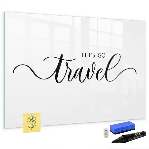 Beschrijfbaar glazen magneetbord met design met reistekst