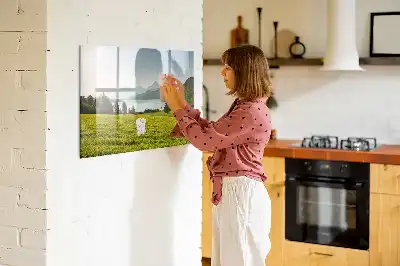Magnetisch glazen schrijfbord met afbeelding van bergen en vlakte
