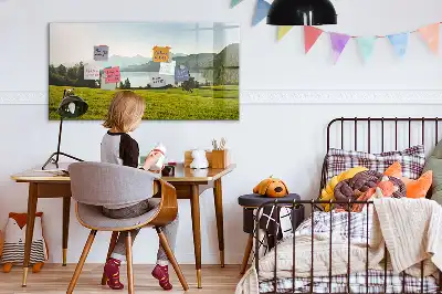 Magnetisch glazen schrijfbord met afbeelding van bergen en vlakte