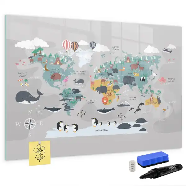 Magnetisch glazen schrijfbord voor notities en foto's met cartoon kaartmotief