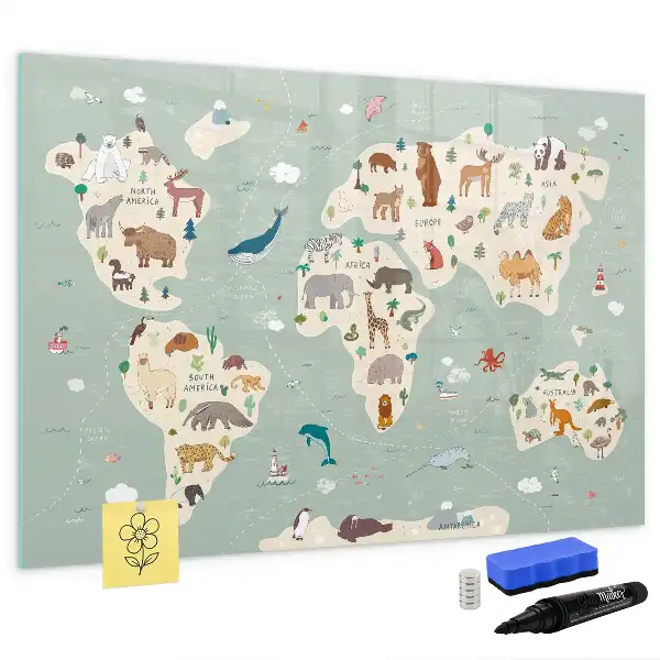 Beschrijfbaar glazen magneetbord met design van een wereldkaart met dieren