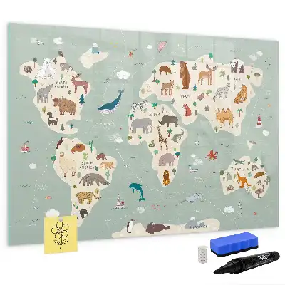 Beschrijfbaar glazen magneetbord met design van een wereldkaart met dieren