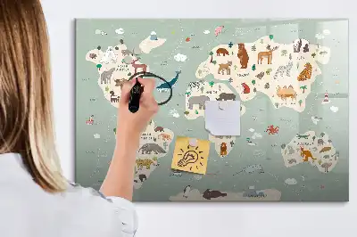 Beschrijfbaar glazen magneetbord met design van een wereldkaart met dieren