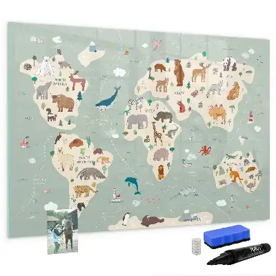 Beschrijfbaar glazen magneetbord met design van een wereldkaart met dieren