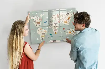 Beschrijfbaar glazen magneetbord met design van een wereldkaart met dieren