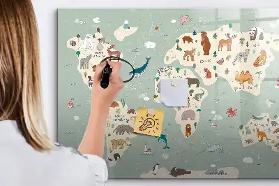 Beschrijfbaar glazen magneetbord met design van een wereldkaart met dieren