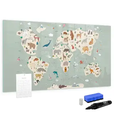 Beschrijfbaar glazen magneetbord met design van een wereldkaart met dieren