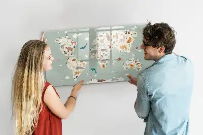 Beschrijfbaar glazen magneetbord met design van een wereldkaart met dieren