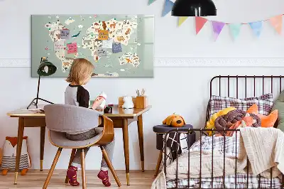 Beschrijfbaar glazen magneetbord met design van een wereldkaart met dieren
