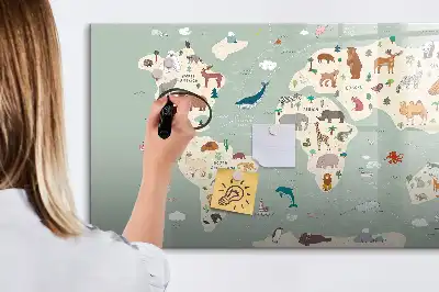 Beschrijfbaar glazen magneetbord met design van een wereldkaart met dieren