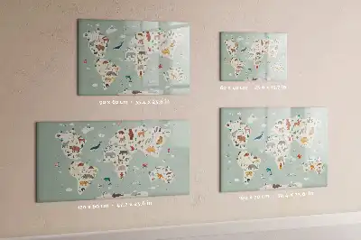 Beschrijfbaar glazen magneetbord met design van een wereldkaart met dieren