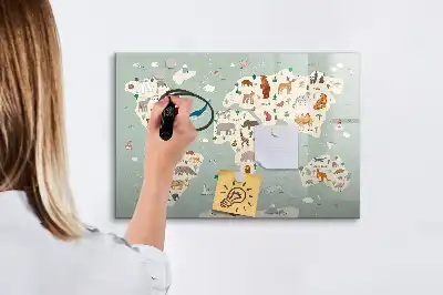 Beschrijfbaar glazen magneetbord met design van een wereldkaart met dieren