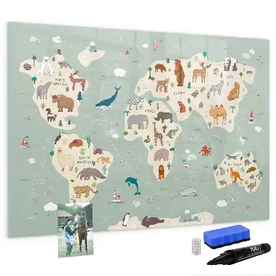 Beschrijfbaar glazen magneetbord met design van een wereldkaart met dieren