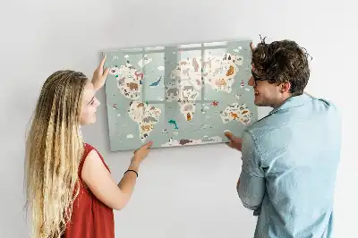 Beschrijfbaar glazen magneetbord met design van een wereldkaart met dieren