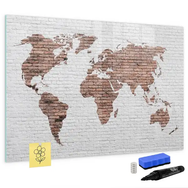 Beschrijfbaar glazen magneetbord met wereldkaart uitvoering in baksteenlook