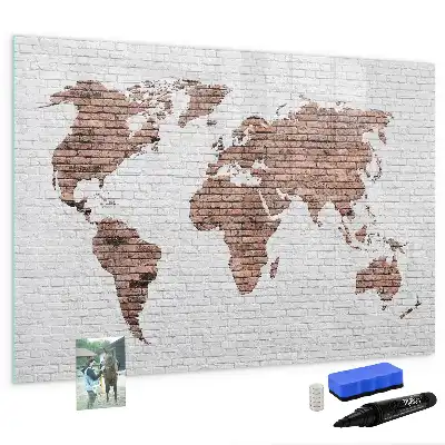 Beschrijfbaar glazen magneetbord met wereldkaart uitvoering in baksteenlook