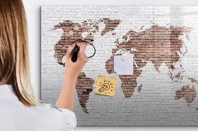 Beschrijfbaar glazen magneetbord met wereldkaart uitvoering in baksteenlook