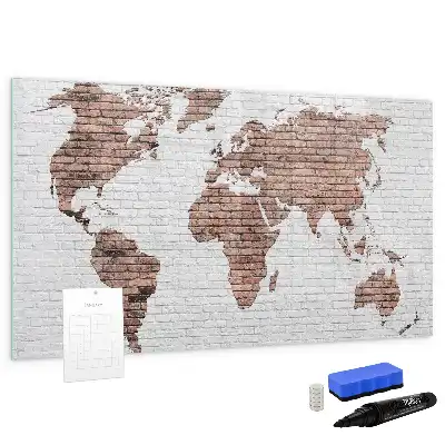 Beschrijfbaar glazen magneetbord met wereldkaart uitvoering in baksteenlook