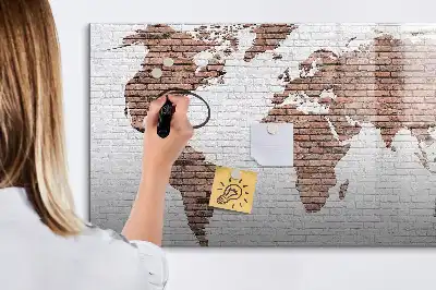 Beschrijfbaar glazen magneetbord met wereldkaart uitvoering in baksteenlook