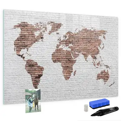 Beschrijfbaar glazen magneetbord met wereldkaart uitvoering in baksteenlook