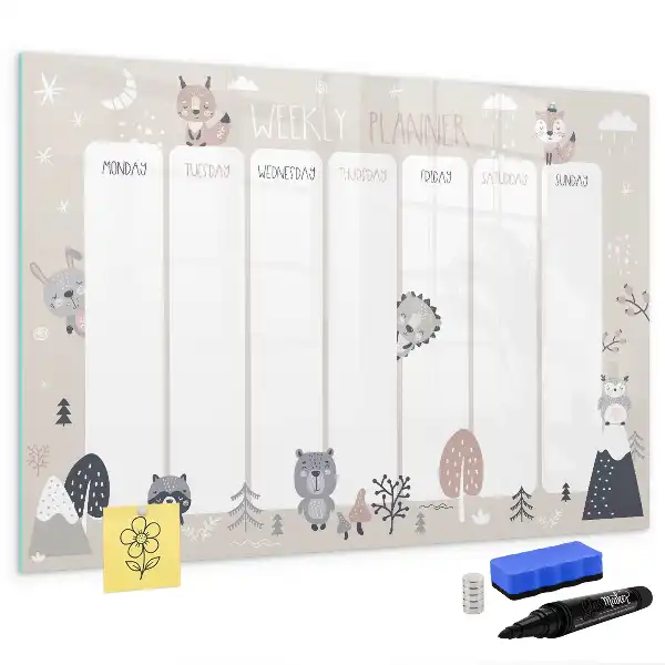 Magnetisch glazen schrijfbord voor notities en foto's met dierenweekplanner