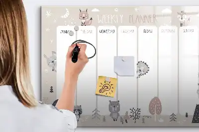 Magnetisch glazen schrijfbord voor notities en foto's met dierenweekplanner