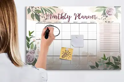 Beschrijfbaar glazen magneetbord met rozendessin