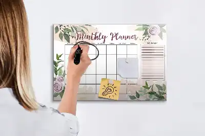Beschrijfbaar glazen magneetbord met rozendessin