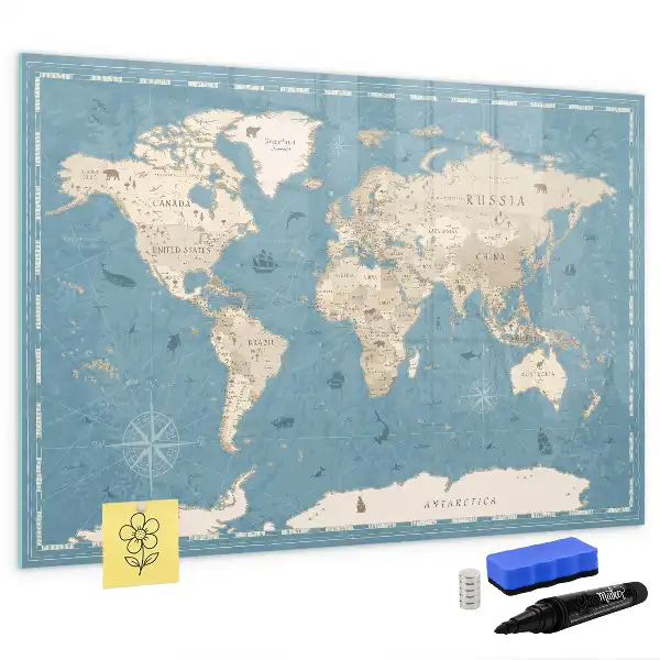 Magnetisch glazen schrijfbord met vintage wereldkaart print