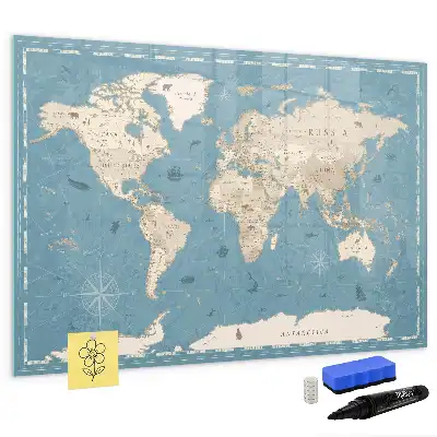 Magnetisch glazen schrijfbord met vintage wereldkaart print
