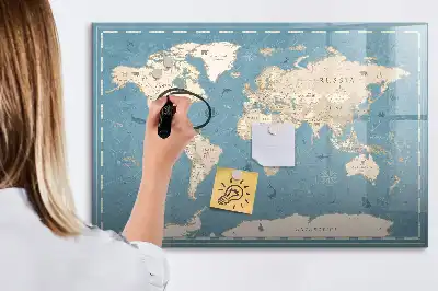 Magnetisch glazen schrijfbord met vintage wereldkaart print