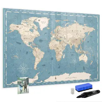 Magnetisch glazen schrijfbord met vintage wereldkaart print