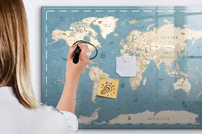 Magnetisch glazen schrijfbord met vintage wereldkaart print