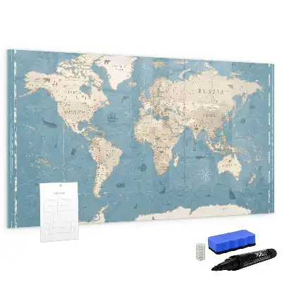 Magnetisch glazen schrijfbord met vintage wereldkaart print