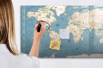 Magnetisch glazen schrijfbord met vintage wereldkaart print