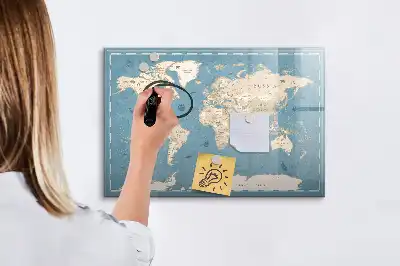 Magnetisch glazen schrijfbord met vintage wereldkaart print