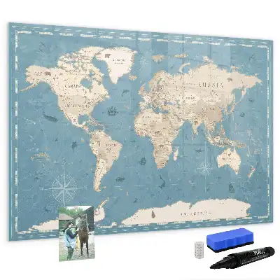 Magnetisch glazen schrijfbord met vintage wereldkaart print