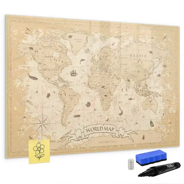 Beschrijfbaar glazen magneetbord met wereldkaart ontwerp met vintage wereldkaart