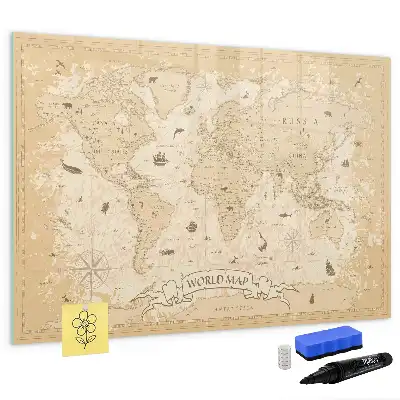 Beschrijfbaar glazen magneetbord met wereldkaart ontwerp met vintage wereldkaart