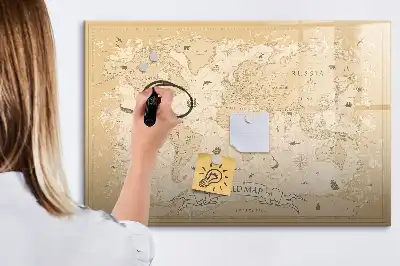 Beschrijfbaar glazen magneetbord met wereldkaart ontwerp met vintage wereldkaart