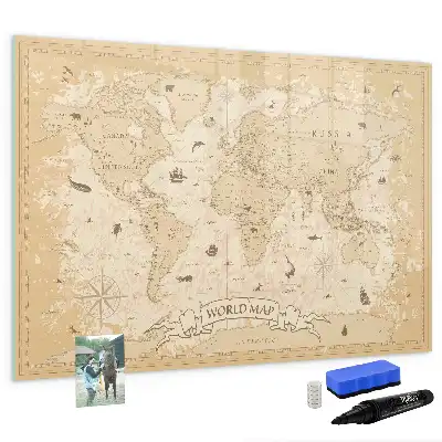 Beschrijfbaar glazen magneetbord met wereldkaart ontwerp met vintage wereldkaart
