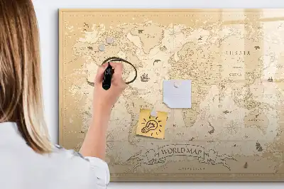 Beschrijfbaar glazen magneetbord met wereldkaart ontwerp met vintage wereldkaart
