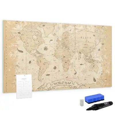 Beschrijfbaar glazen magneetbord met wereldkaart ontwerp met vintage wereldkaart