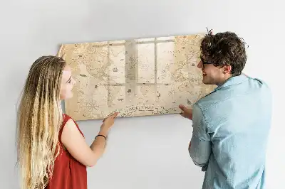 Beschrijfbaar glazen magneetbord met wereldkaart ontwerp met vintage wereldkaart