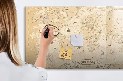 Beschrijfbaar glazen magneetbord met wereldkaart ontwerp met vintage wereldkaart