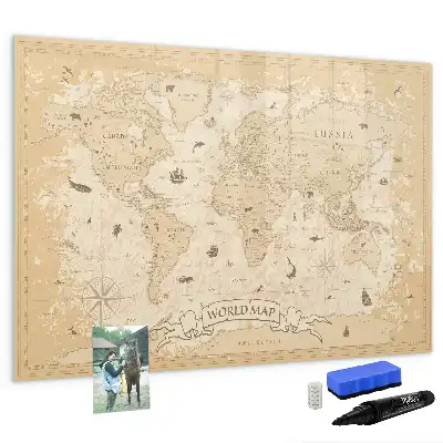 Beschrijfbaar glazen magneetbord met wereldkaart ontwerp met vintage wereldkaart